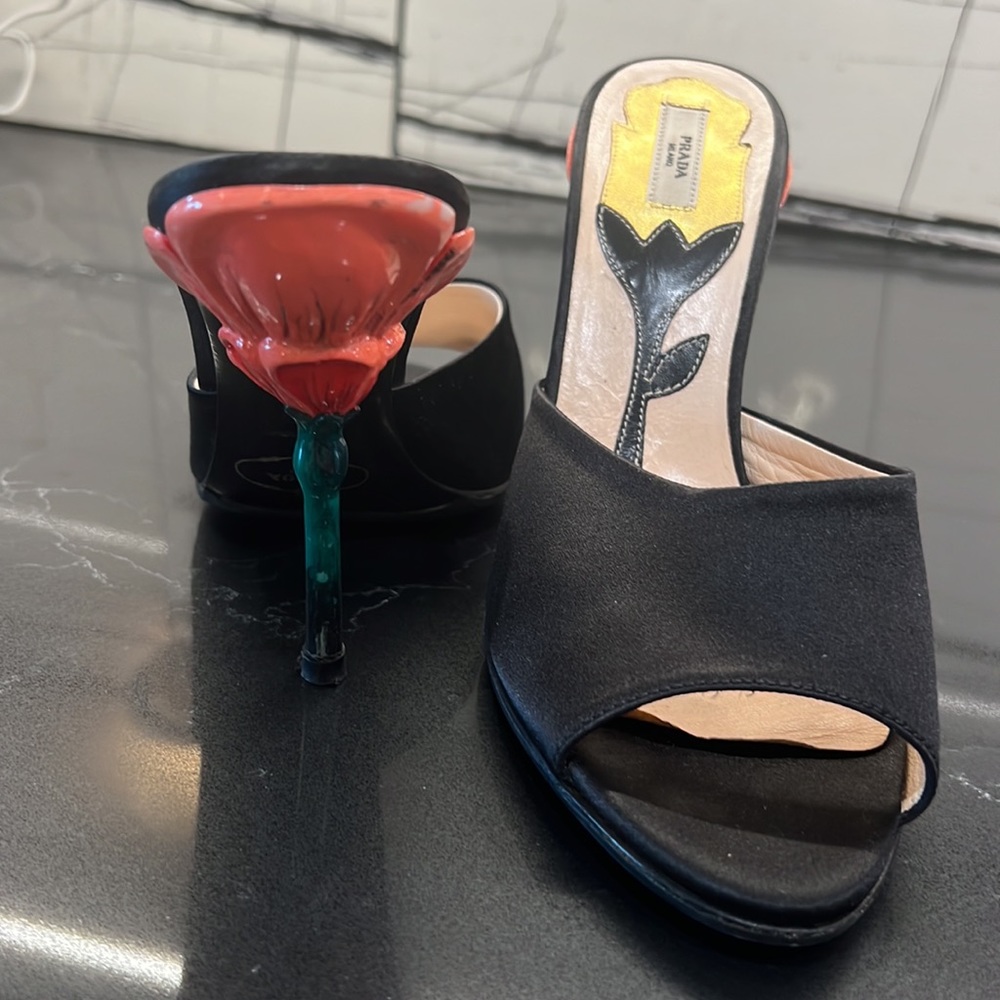 PRADA black satin sandals with hand painted tulip and stem stilettos.